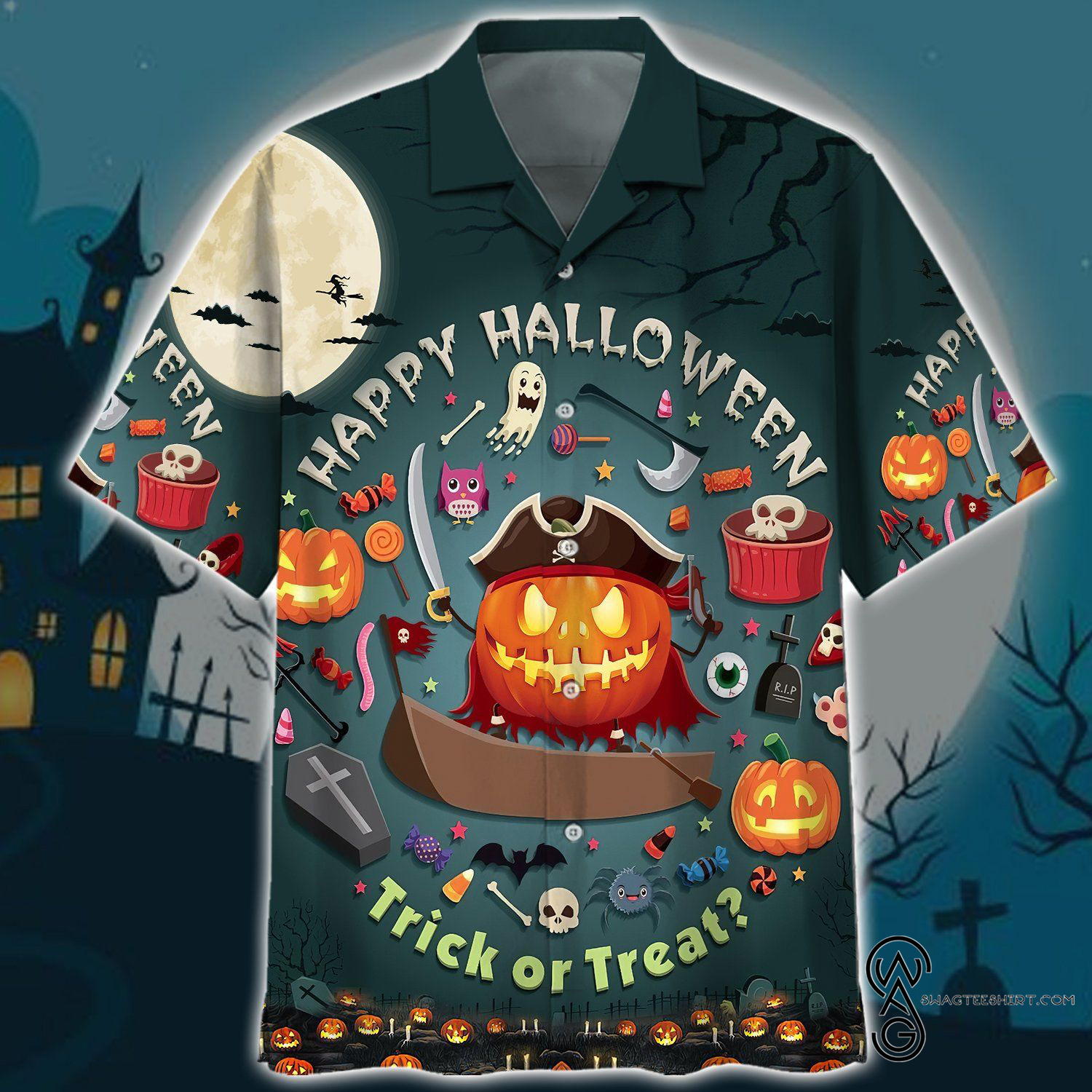 [Top Trending] Pumpkin Trick Or Treat Halloween Full Printing Hawaiian Shirt Funny Hawaiian Beach Gift Casual Shirt